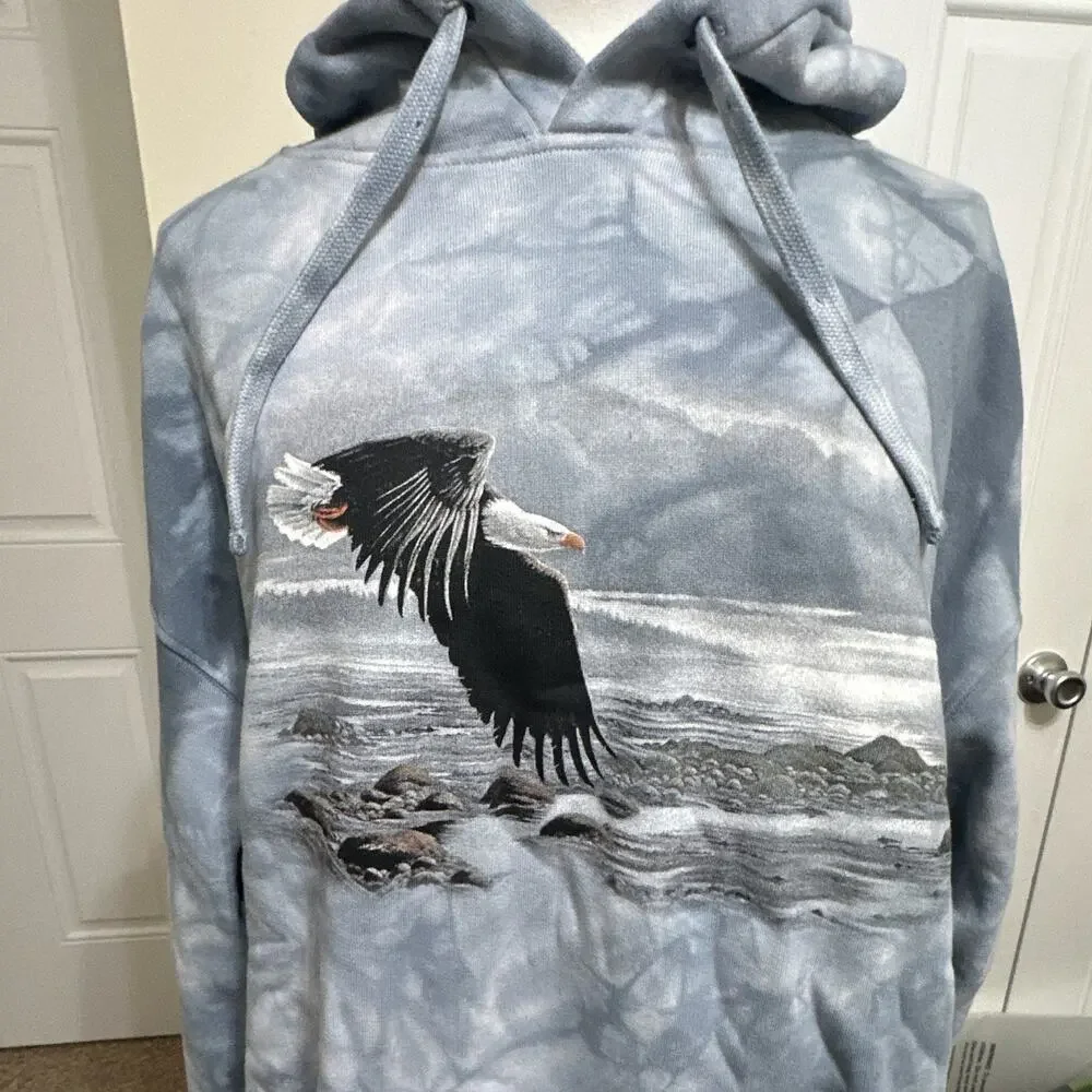 Mountain Men's L Blue/Gray Fleece Pullover Hoodie Tie-Dye Eagle Graphic Pocket - Picture 2 of 10